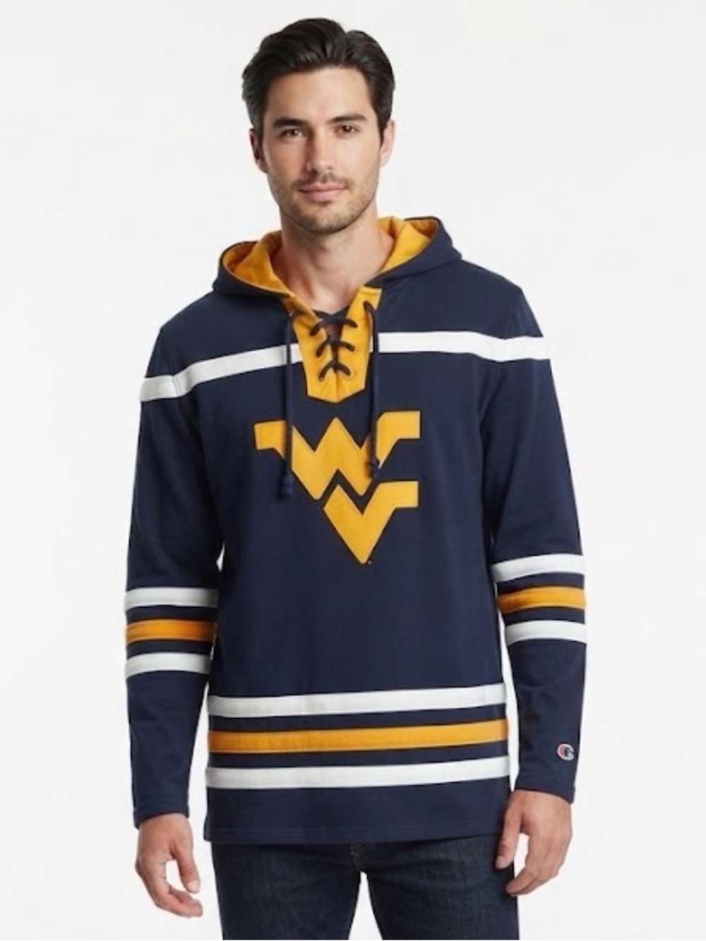 Champion WVU West Virginia University Hockey Lace Up Hoodie Sweatshirt Size S